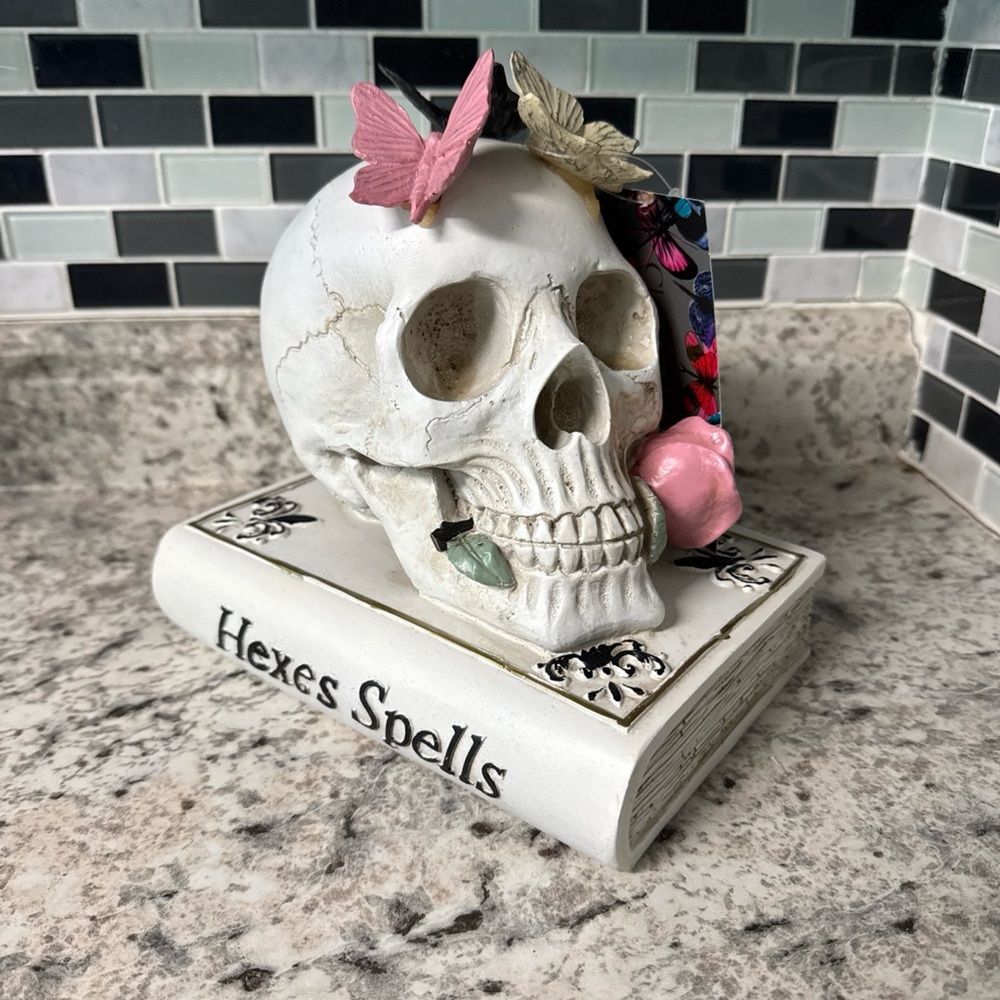 Christian Lacroix Skull Skeleton Head On Spell Book Halloween Butterflies Rose